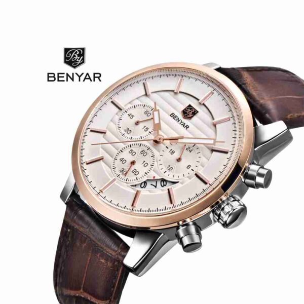 Benyar Brown Leather Chronograph Rose Gold Dial Watch