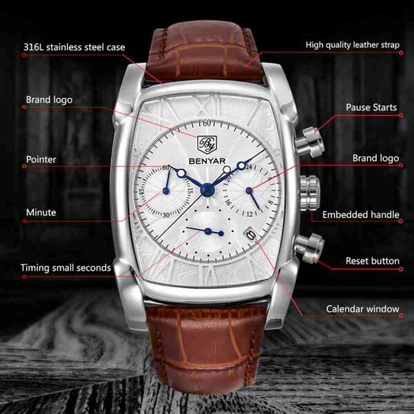 Benyar Leather Sqaure Dial Chronograph Wrist Watch - Image 3