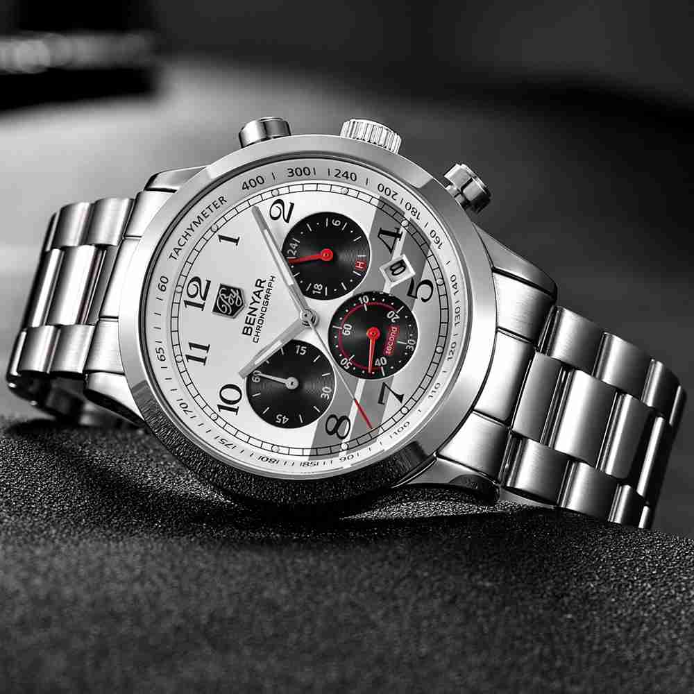 Benyar BY-5133M silver stainless steel chain white chornograph dial men's multifunction watch