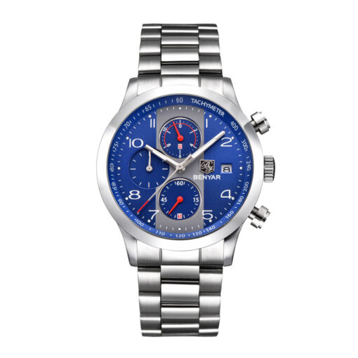 Benyar BY-5133M simple blue chronograph dial and silver stainless steel chain men's watch