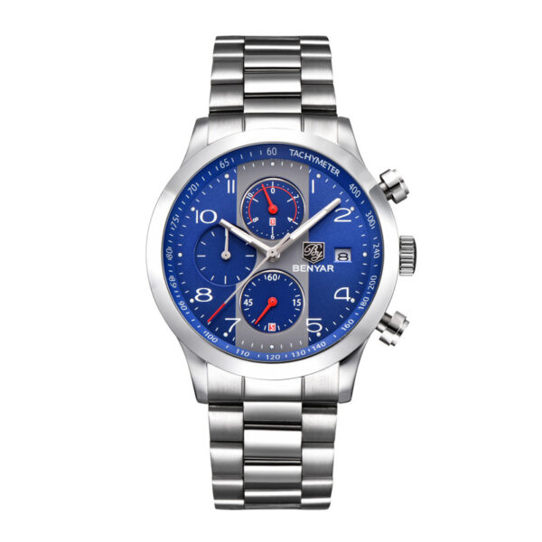 Benyar BY-5133M simple blue chronograph dial and silver stainless steel chain men's watch