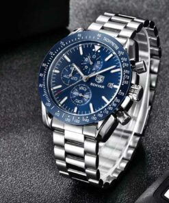 benyar by-5140m blue chronograph dial silver stainless steel mens wrist watch