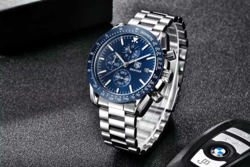 benyar by-5140m blue chronograph dial silver stainless steel mens wrist watch