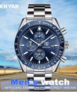 benyar by-5140m blue chronograph dial silver stainless steel mens wrist watch