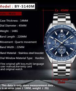 benyar by-5140m blue chronograph dial silver stainless steel mens wrist watch