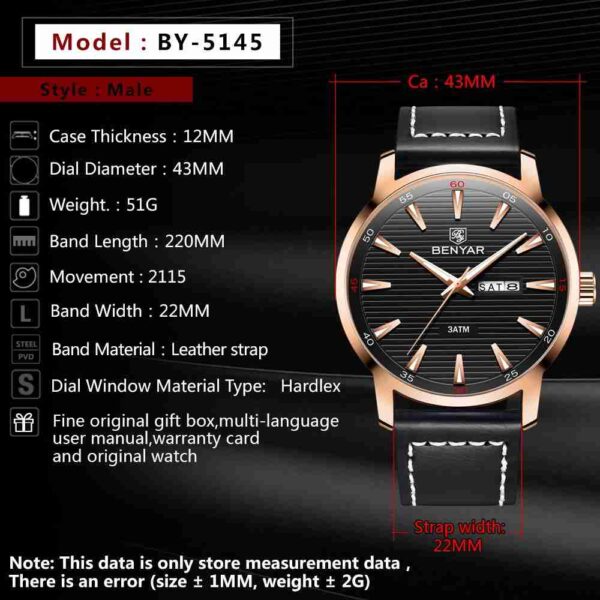 Benyar Black Analog Leather Formal Wrist Watch - Image 3