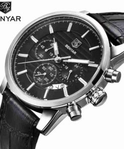 Banyar Black Dial Black Leather Chronograph Wrist Watch - Image 2