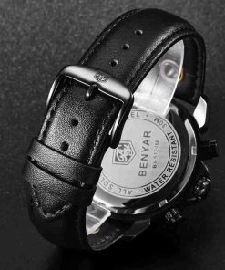 Banyar Black Dial Black Leather Chronograph Wrist Watch - Image 8