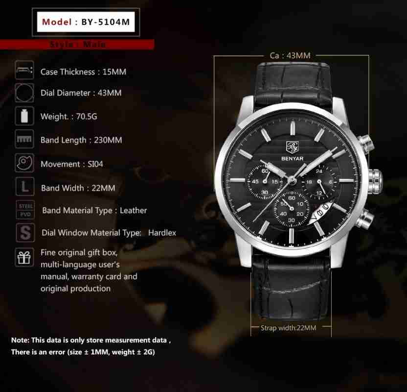Banyar Black Dial Black Leather Chronograph Wrist Watch - WatchCentre.PK