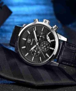 Banyar Black Dial Black Leather Chronograph Wrist Watch - Image 7