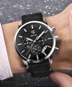 Banyar Black Dial Black Leather Chronograph Wrist Watch - Image 3