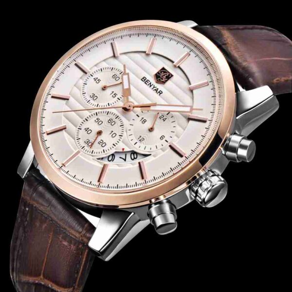 Benyar Brown Leather Chronograph Rose Gold Dial Watch - Image 3