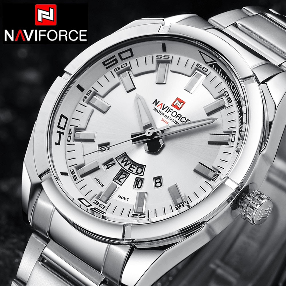 NaviForce-9038 men's causla wrist watch in silver steel chain