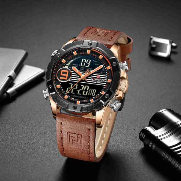 NAVIFORCE Orange Leather Dual Time Stylish Sports Watch - Image 2