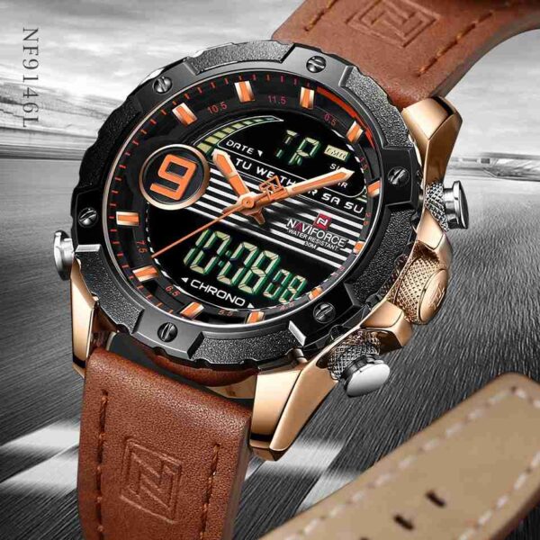 NAVIFORCE Orange Leather Dual Time Stylish Sports Watch - Image 4
