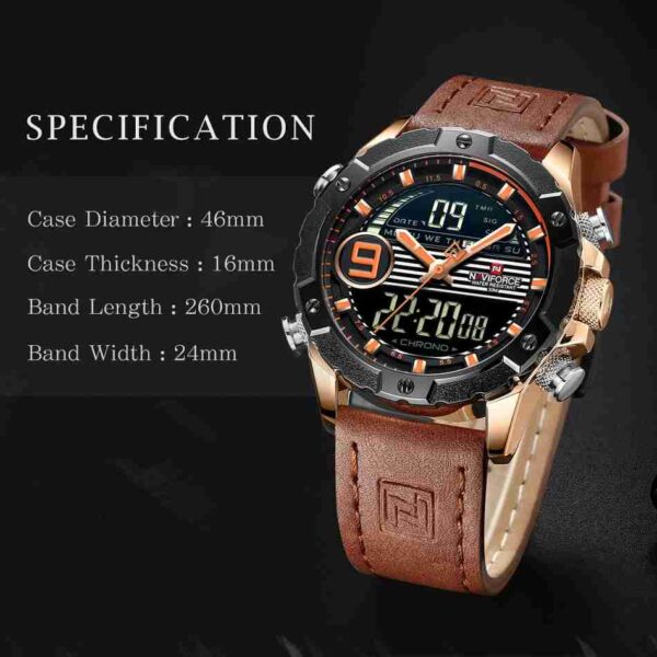 NAVIFORCE Orange Leather Dual Time Stylish Sports Watch - Image 5
