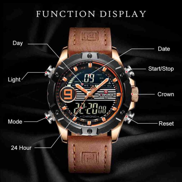 NAVIFORCE Orange Leather Dual Time Stylish Sports Watch - Image 6