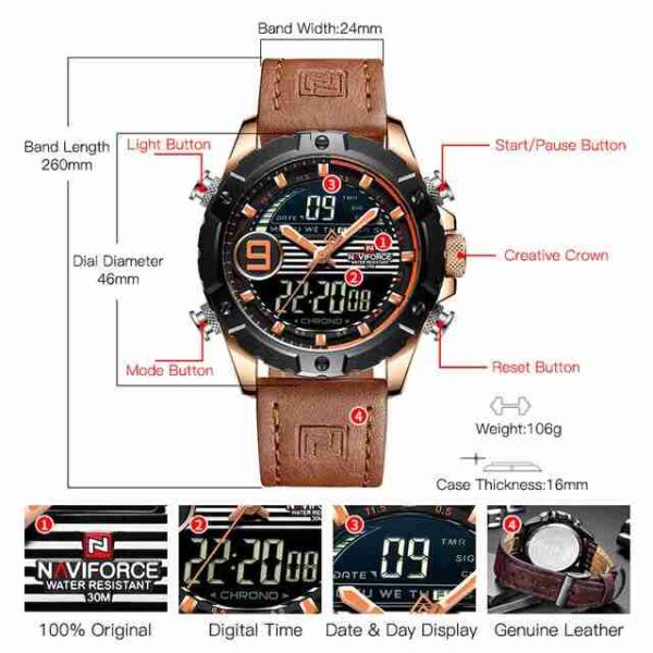 NAVIFORCE Orange Leather Dual Time Stylish Sports Watch - Image 7