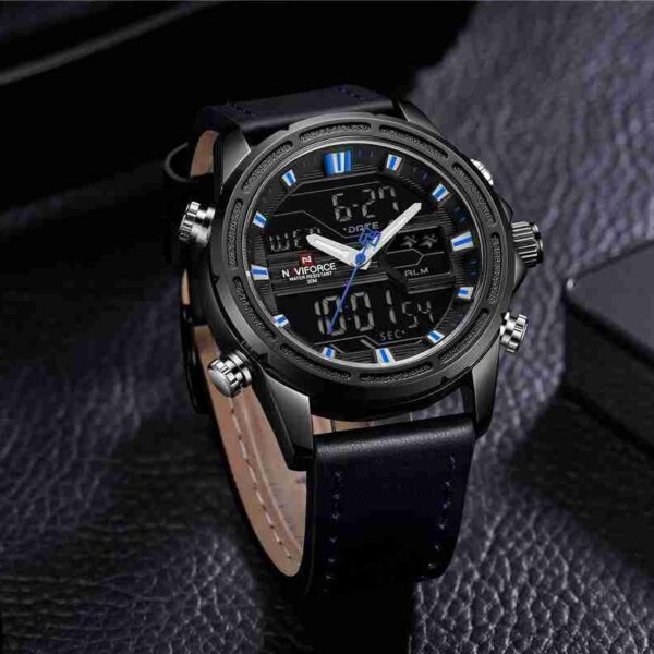 NaviForce Black Leather Blue Contrast Stylish Sports Watch - Image 2