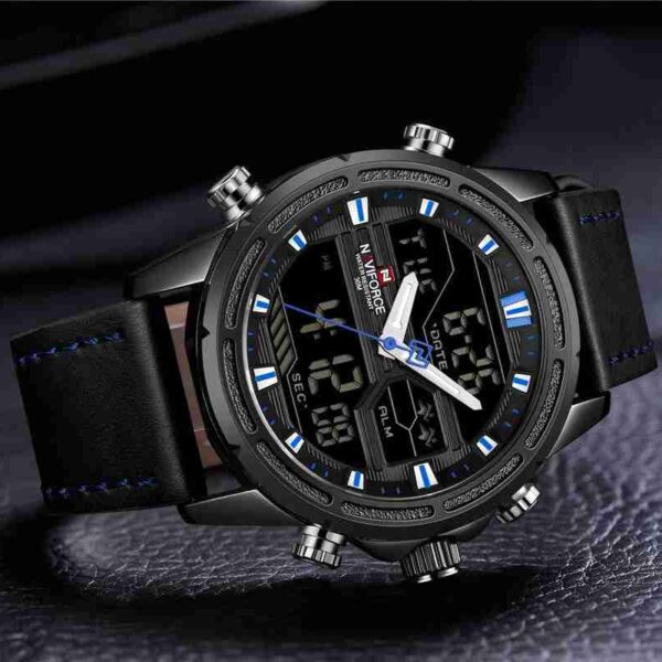 NaviForce Black Leather Blue Contrast Stylish Sports Watch - Image 3