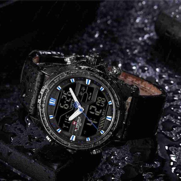 NaviForce Black Leather Blue Contrast Stylish Sports Watch - Image 4