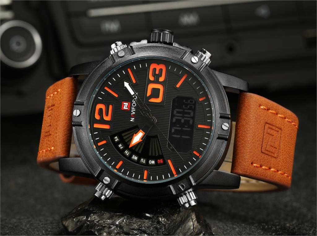 NaviForce 9095 orange leather strap black dial men's dual time display quartz wrist watch