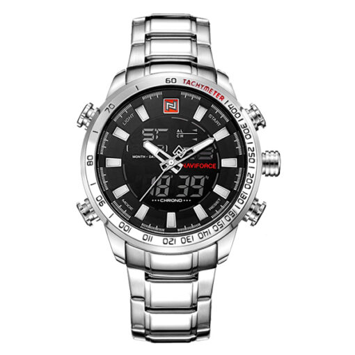 NaviForce NF9093 silver stainless steel black analog digital dial mens wrist watch