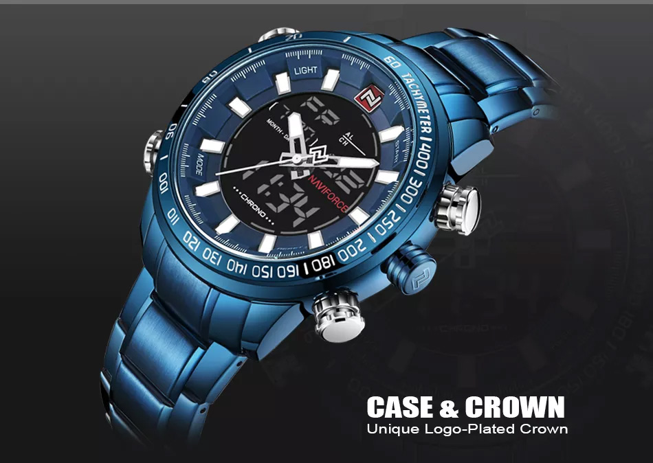 NaviForcen NF9093 blue stainless steel black analog digital dial mens quartz watch