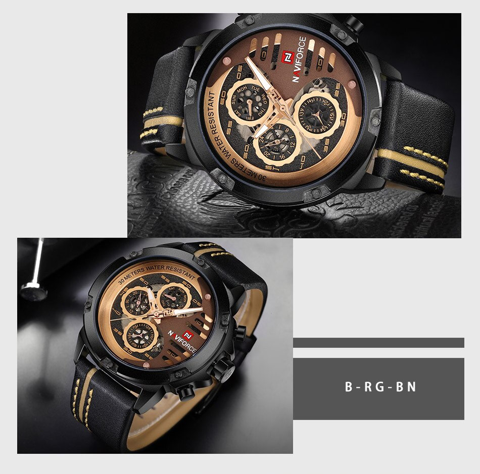 NaviForce-NF9110 black leather strap men's quartz wrist watch