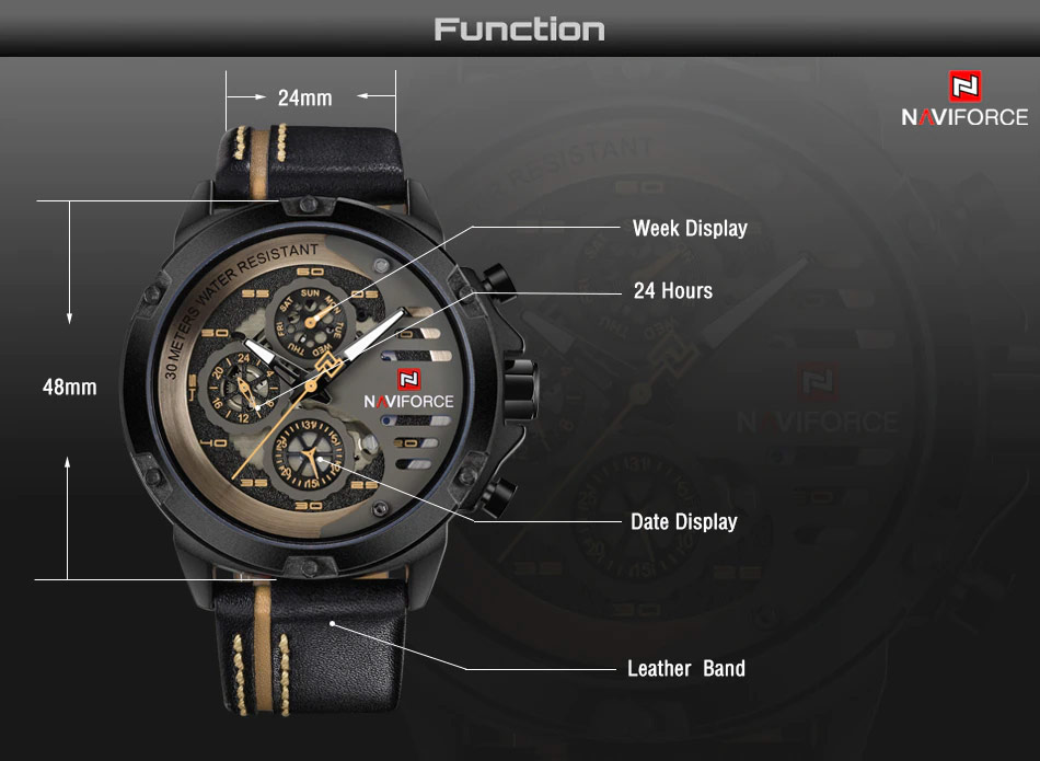 NaviForce-NF9110 black leather strap men's wrist watch features