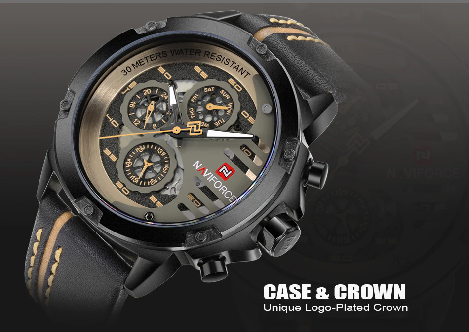 NaviForce-NF9110 men's black leather strap wrist watch model display