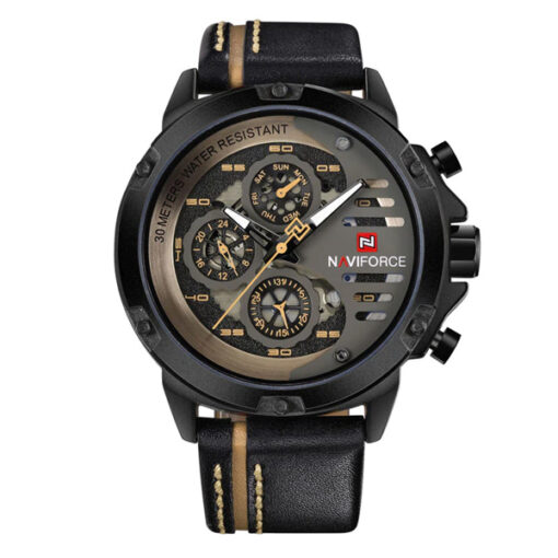 NaviForce-NF9110 black leather strap multi color multi hand dial men's wrist watch