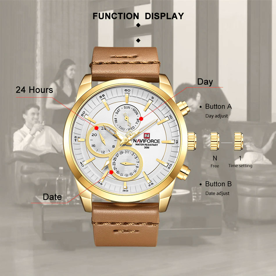 NaviForce-NF9148 white multi hand dial men's watch function display