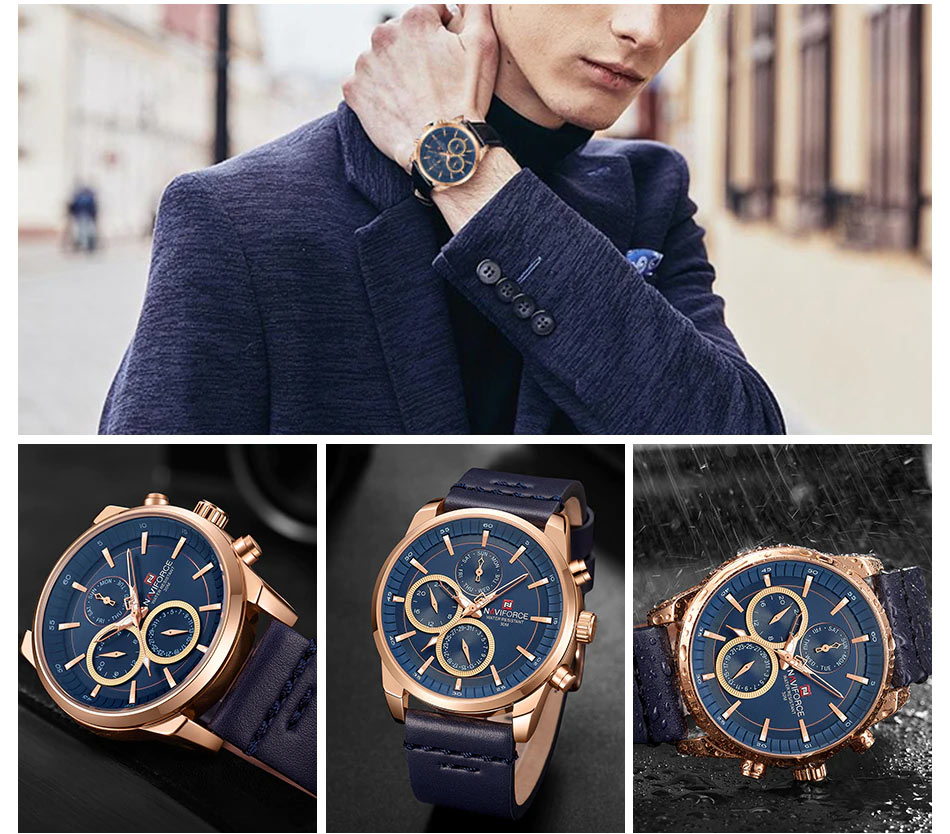 NaviForce-NF9148 blue leather strap blue multi hand dial men's wrist watch