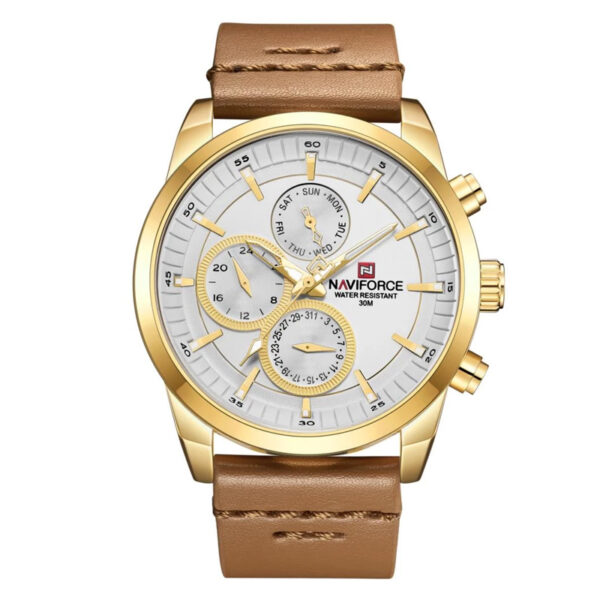 NaviForce NF9148M brown leather strap mens white chronograph wrist watch