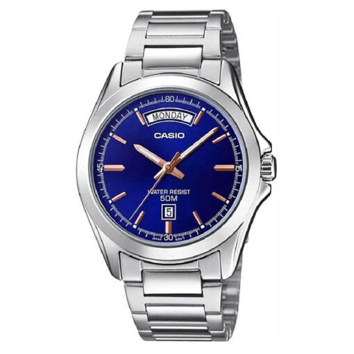 Casio MTP-1370D-2AV silver stainless steel blue dial men's analog wrist watch