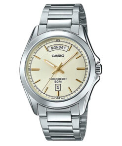 Casio MTP-1370D-9AV men's silver stainless steel chain & golden analog dial gift watch in Pakistan