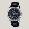 Casio ladies black Roman numeral dial watch with black leather strap, silver-tone case and day-date display