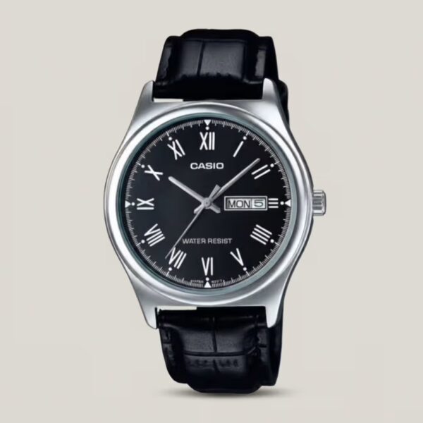 Casio ladies black Roman numeral dial watch with black leather strap, silver-tone case and day-date display