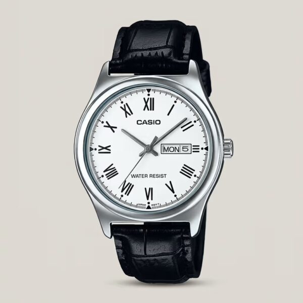 Casio men's white Roman numeral dial watch with silver-tone case, black leather strap and day-date display