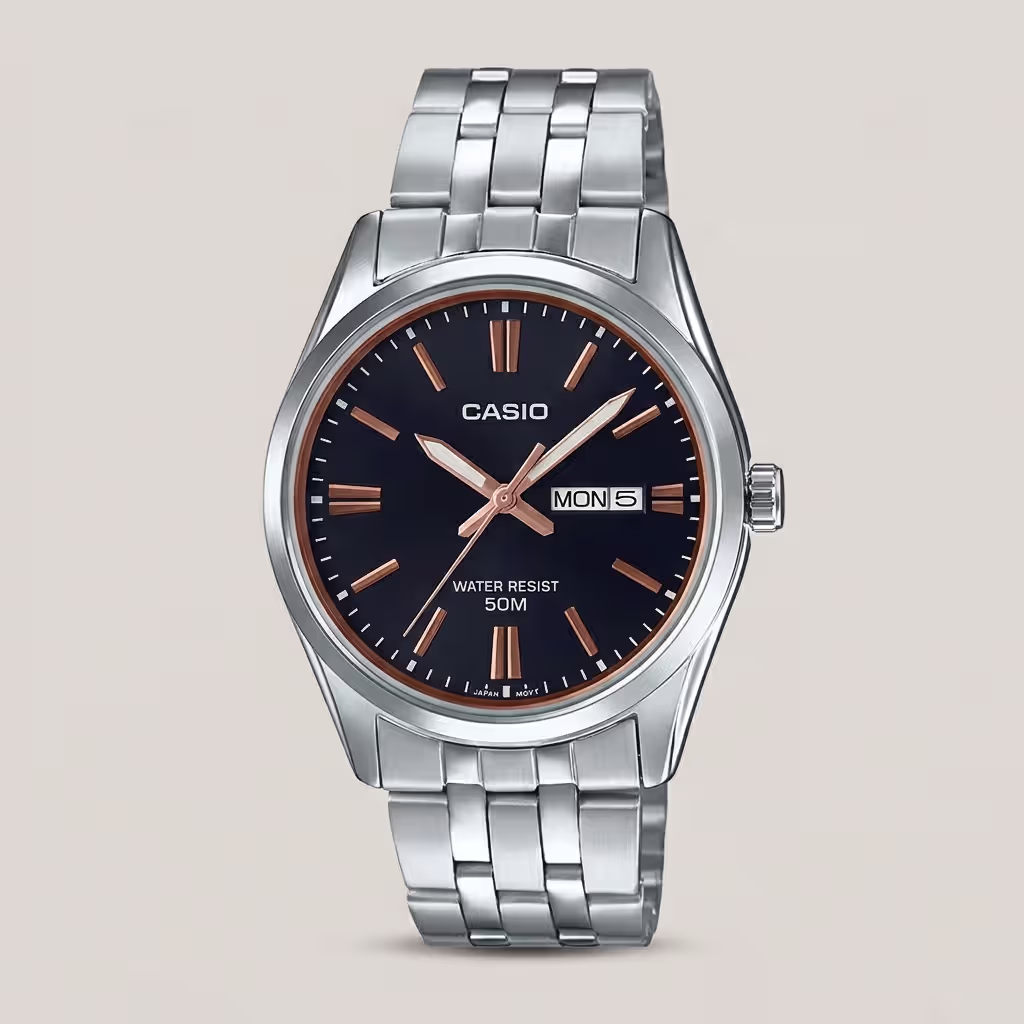 Casio MTP-1335D-1A2 Men's Black Dial Day Date Stainless Steel Watch | Original Casio Pakistan