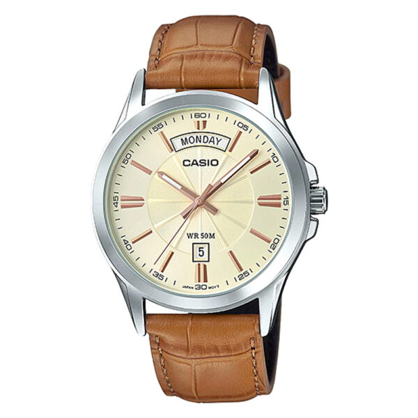 Casio MTP-1381L-9A analog watch with a beige dial, rose-gold indices, wide day-date display, and tan leather strap – perfect for casual and formal wear.