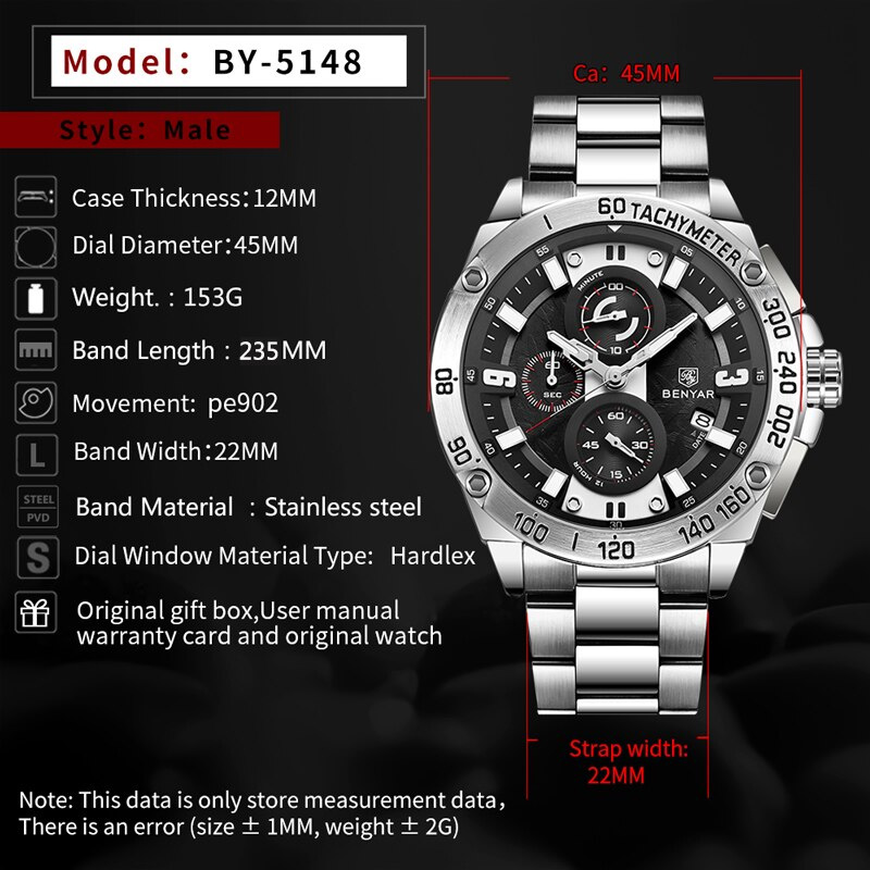 Benyar BY-5148M black chronograph dial men's wrist watch 