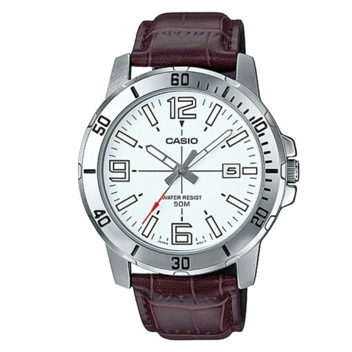MTP-VD01L-7BV Brown Leather Band With White Dial Analog Men's Wrist Watch