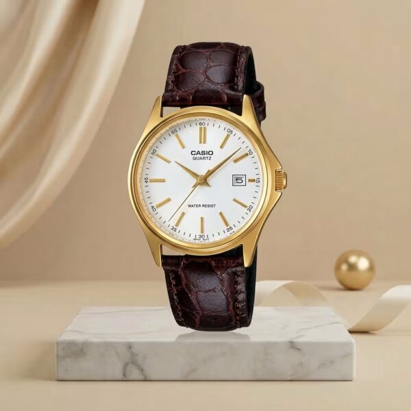Casio ladies white dial watch with gold-tone case, brown leather strap and date display