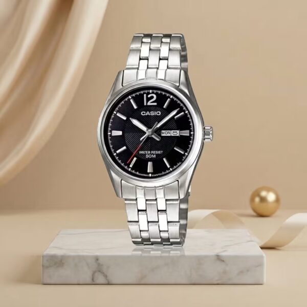 Casio LTP 1335D 1AV black dial silver chain classic Casio ladies wrist watch