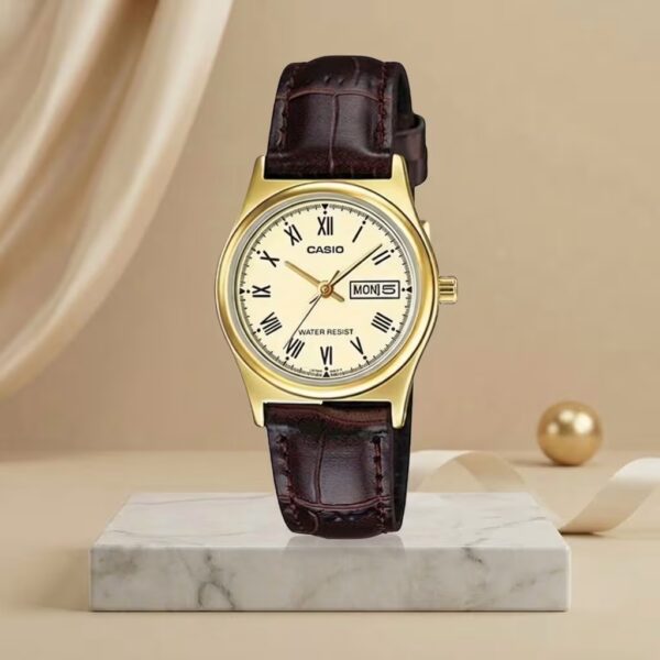 Casio LTP-V006GL-9B ladies watch with gold-tone case, cream dial and brown leather strap