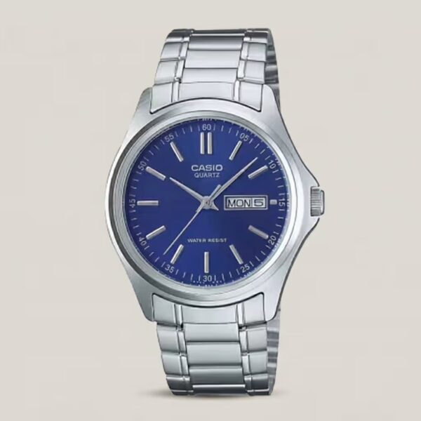 Casio Enticer series mtp 1239d 2a blue dial men's wrist watch in silver stainless steel chain