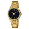 Casio-ltp-v005g-1b Golden Stainless Steel Chain With Black Dial Analog Ladies Wrist Watch