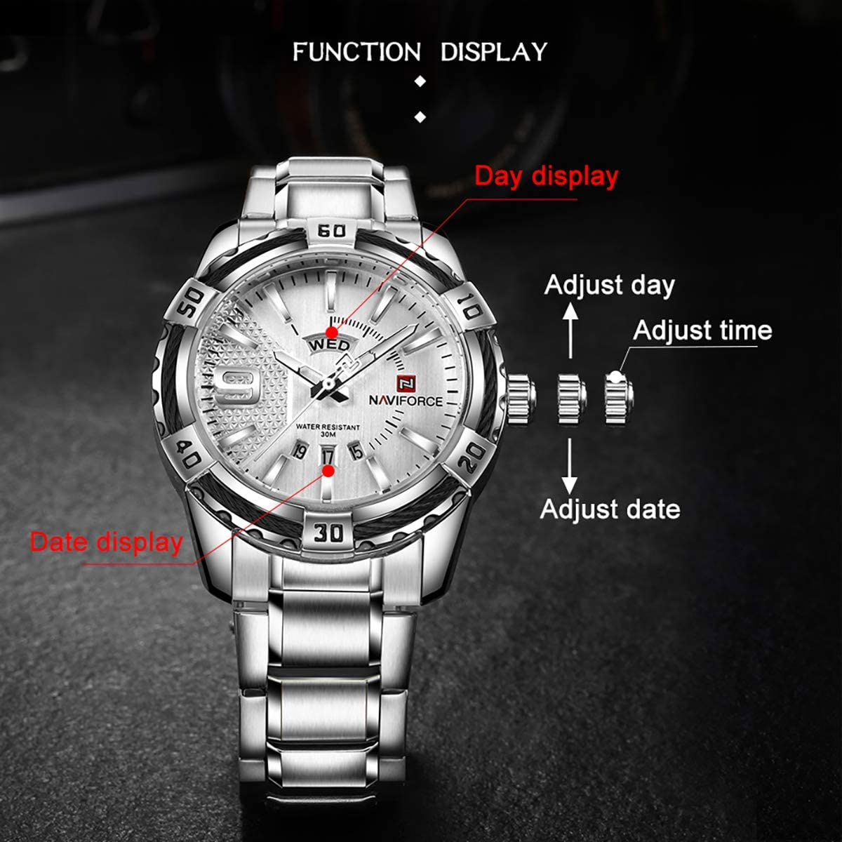 NaviForce-9117 men's luxury watch in silver chain specifications